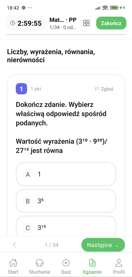 Arkusz z matematyki w aplikacji Matury Online — timer i zadanie