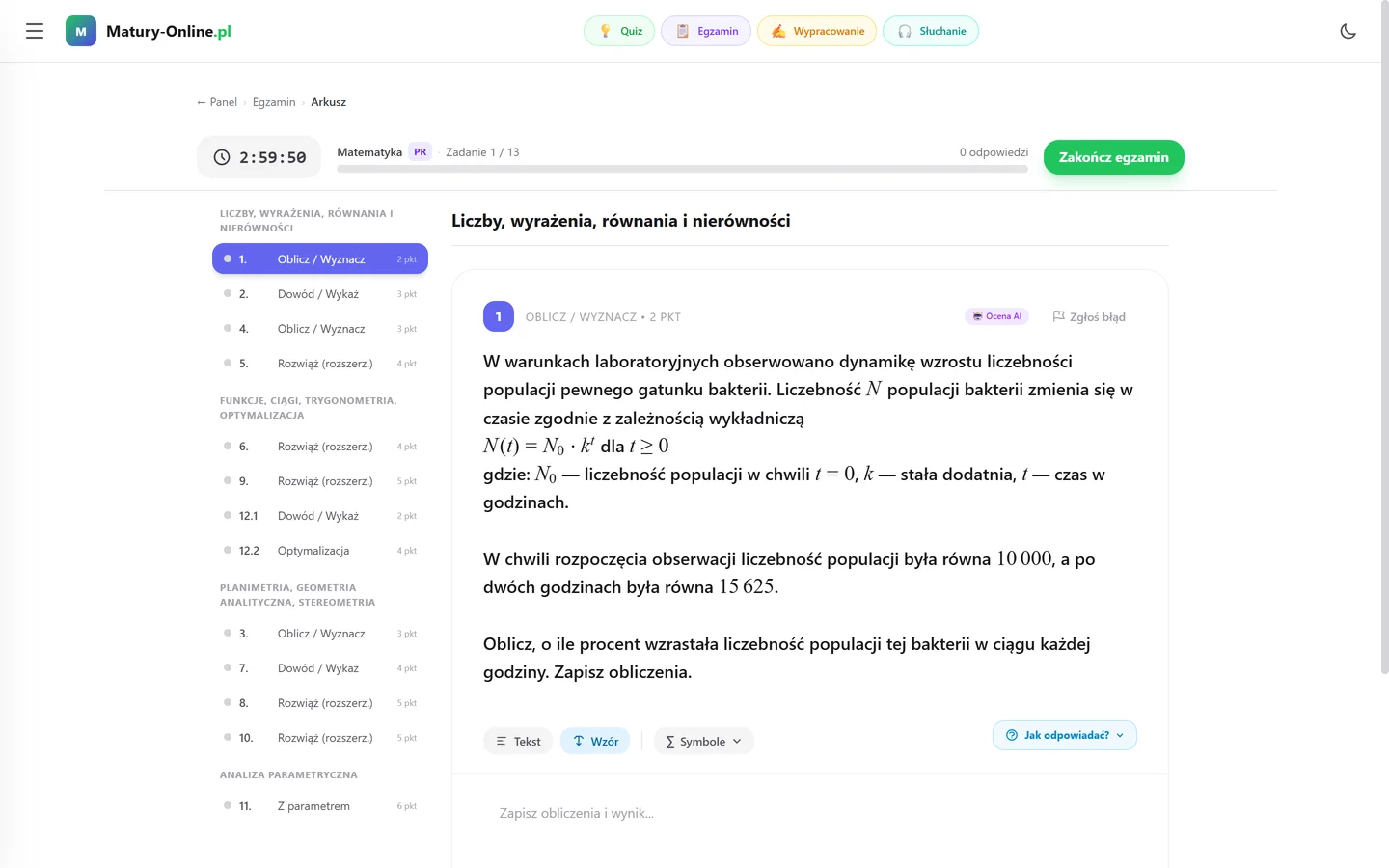 Arkusz z matematyki PR w Matury Online — zadanie otwarte „Oblicz” z oznaczeniem Ocena AI, edytor wzorów i paleta symboli