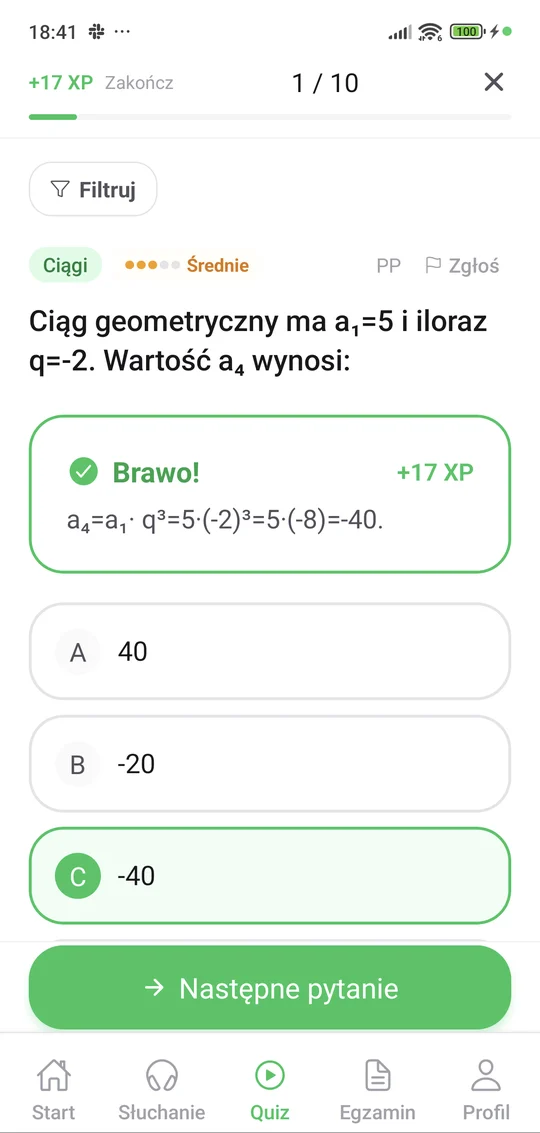 Quiz z matematyki w aplikacji Matury Online — pytanie i wyjaśnienie po odpowiedzi
