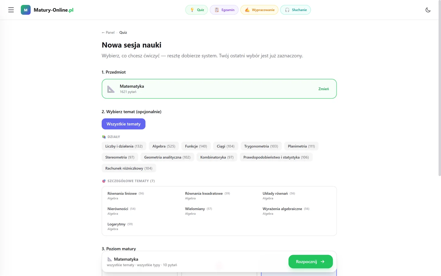 Matury Online — nowa sesja nauki z matematyki: 11 działów z liczbą pytań (Algebra, Funkcje, Trygonometria, Rachunek różniczkowy) i szczegółowe tematy