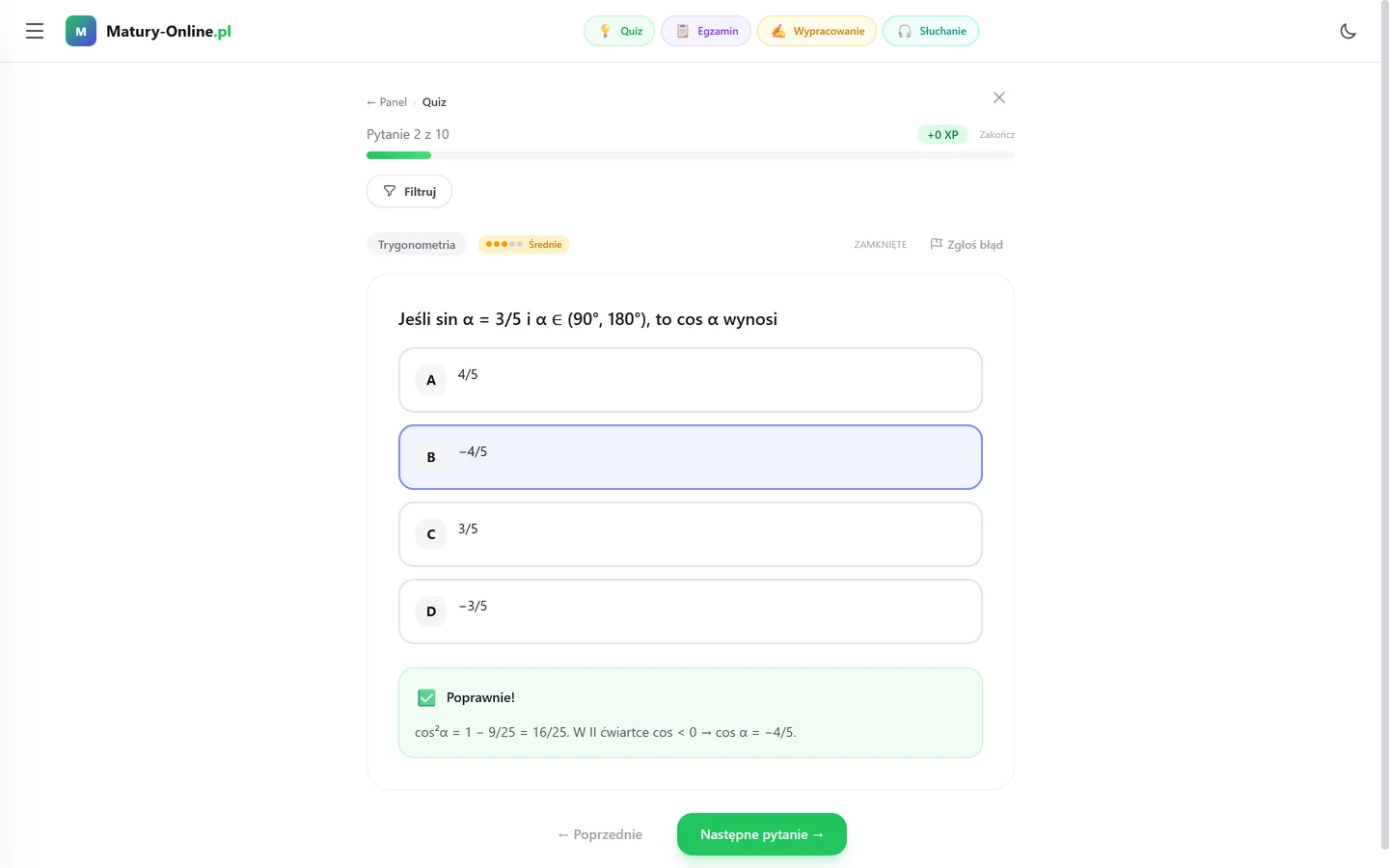Quiz z matematyki w Matury Online — zadanie zamknięte z trygonometrii (cos α w II ćwiartce), odpowiedź poprawna i wyjaśnienie