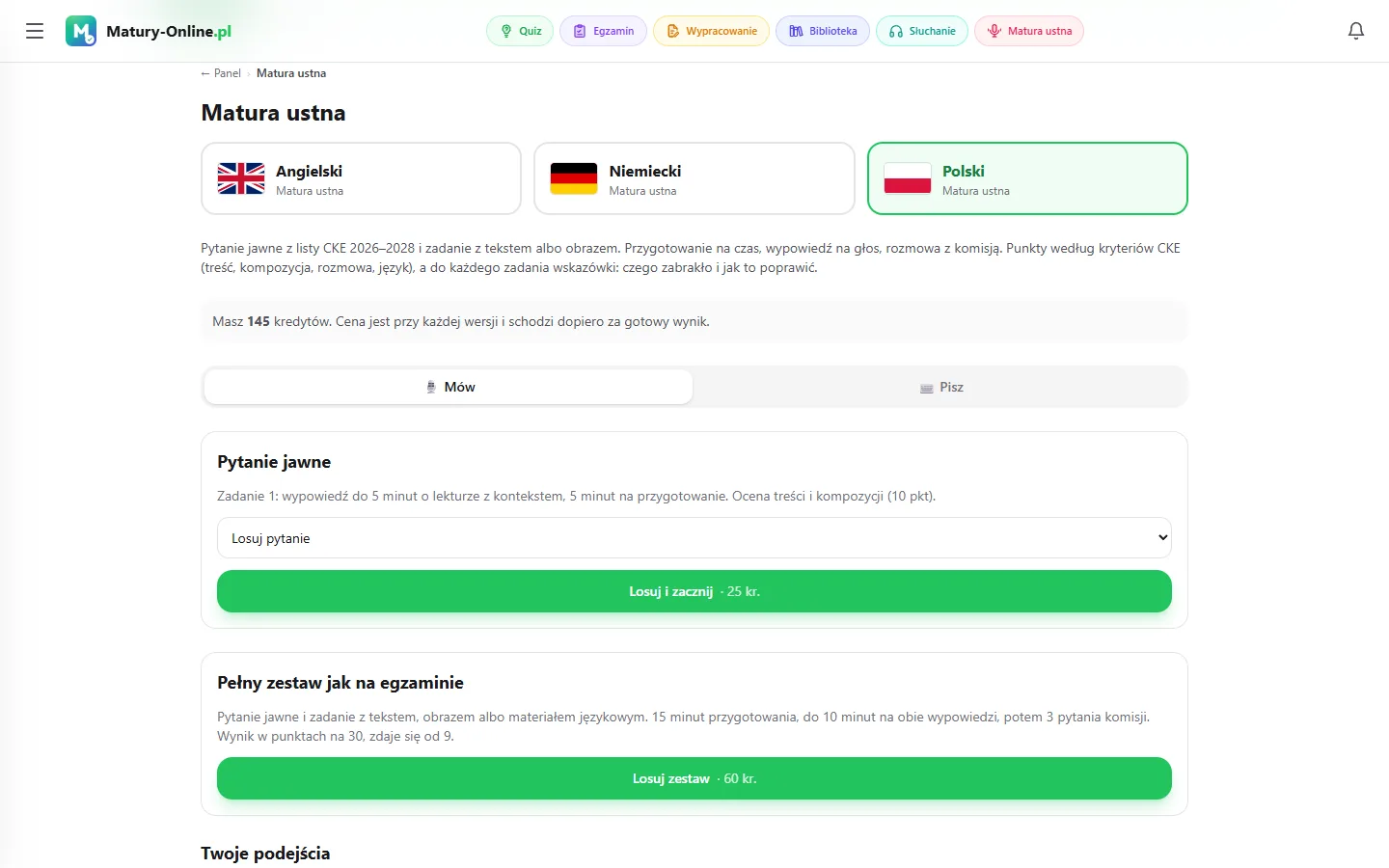 Matura ustna w przeglądarce — losowanie pytania jawnego z polskiego i pełnego zestawu jak na egzaminie
