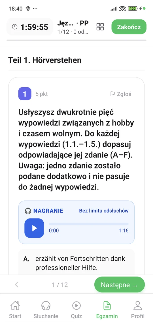 Arkusz z niemieckiego w aplikacji Matury Online — timer i zadanie ze słuchania