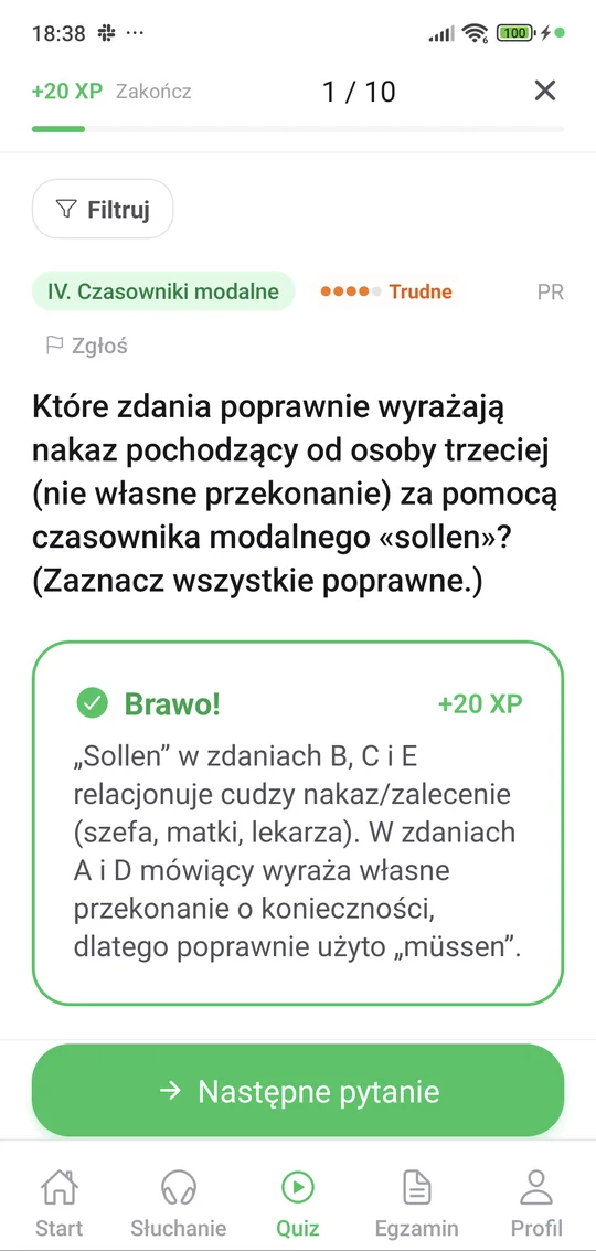Quiz w aplikacji Matury Online — Język niemiecki: pytanie i wyjaśnienie po odpowiedzi