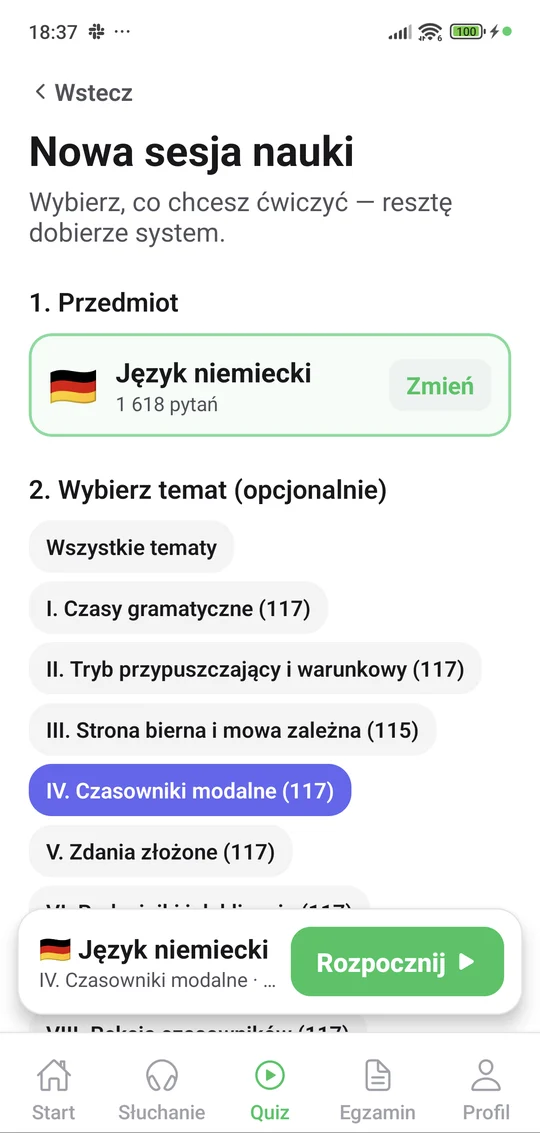 Aplikacja Matury Online — nowa sesja quizu: Język niemiecki, wybór działu i liczby pytań
