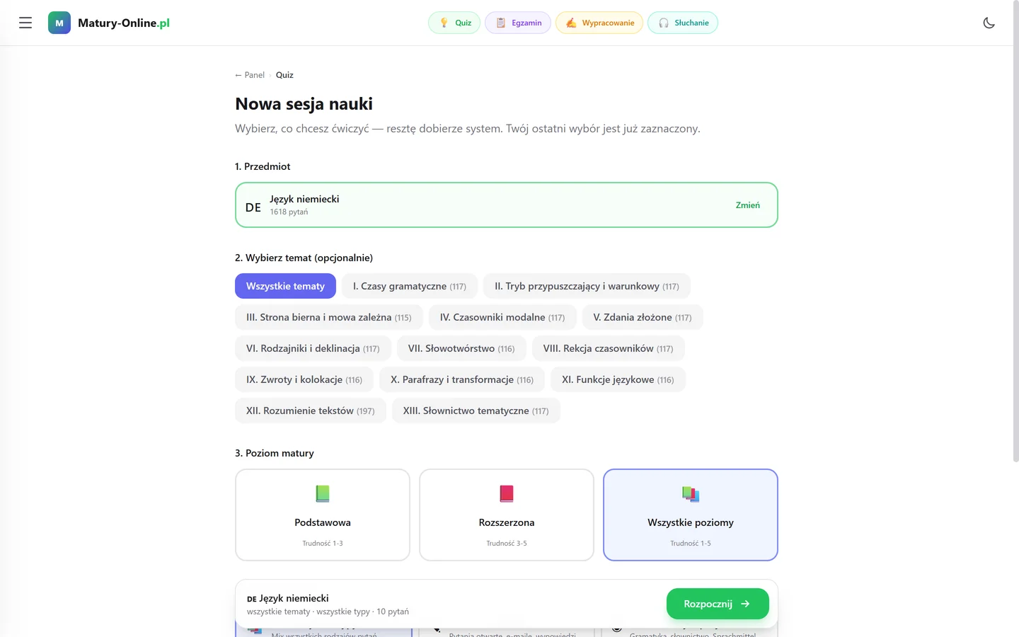 Quiz z niemieckiego w Matury Online: wybór działu i pytanie z wyjaśnieniem