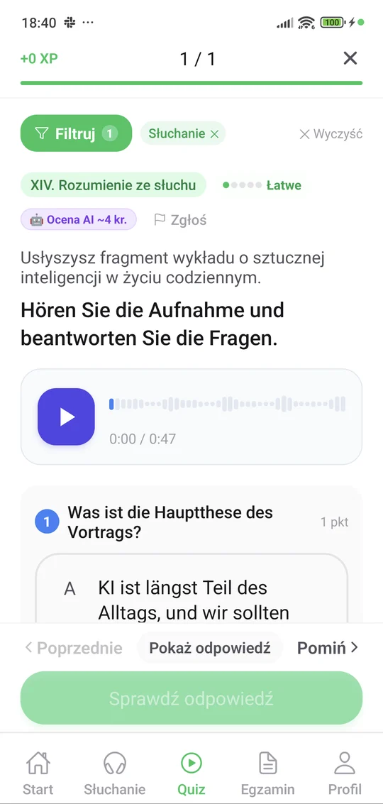 Nagranie do słuchania z niemieckiego w aplikacji Matury Online — wykład o sztucznej inteligencji i pytanie „Was ist die Hauptthese des Vortrags?”