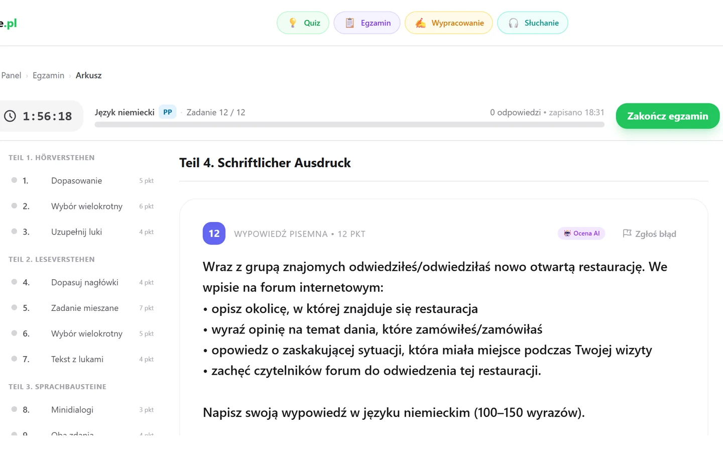 Zadanie 12 w arkuszu z niemieckiego PP — wypowiedź pisemna 12 pkt, wpis na forum o nowej restauracji z czterema podpunktami, 100–150 wyrazów