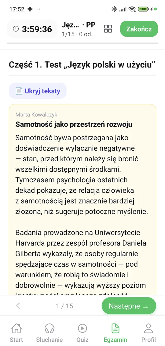 Arkusz z języka polskiego PP w aplikacji Matury Online — zegar i część 1. Test „Język polski w użyciu”