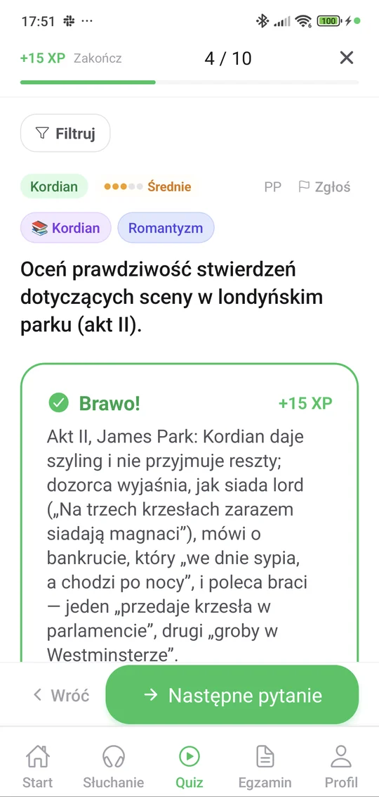 Quiz w aplikacji Matury Online — Język polski: pytanie i wyjaśnienie po odpowiedzi