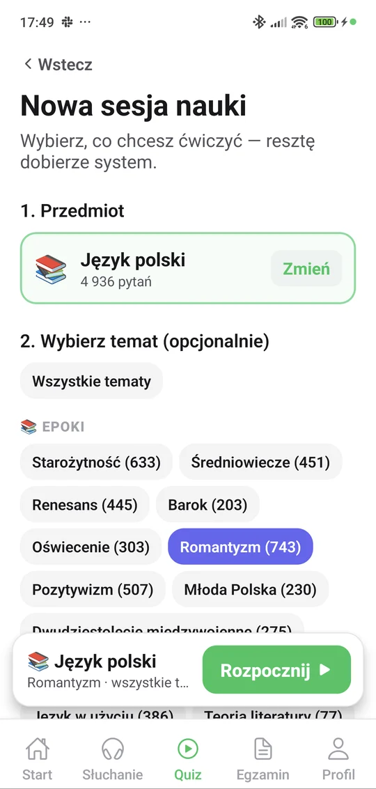 Aplikacja Matury Online — nowa sesja quizu: Język polski, wybór działu i liczby pytań