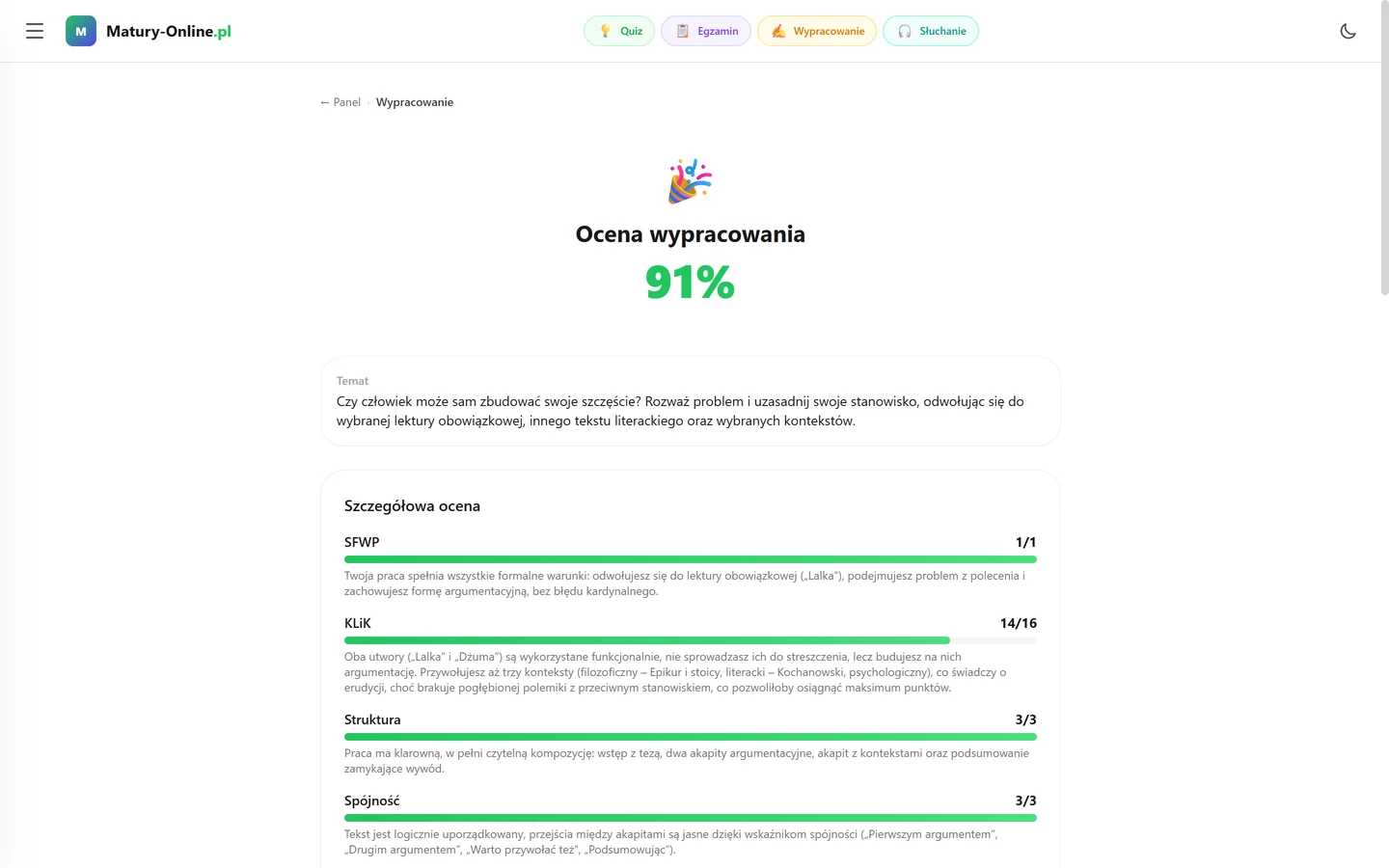 Ocena wypracowania z języka polskiego w Matury Online — 91%, punkty w kryteriach CKE: SFWP 1/1, KLiK 14/16, struktura, spójność, z komentarzem do każdego