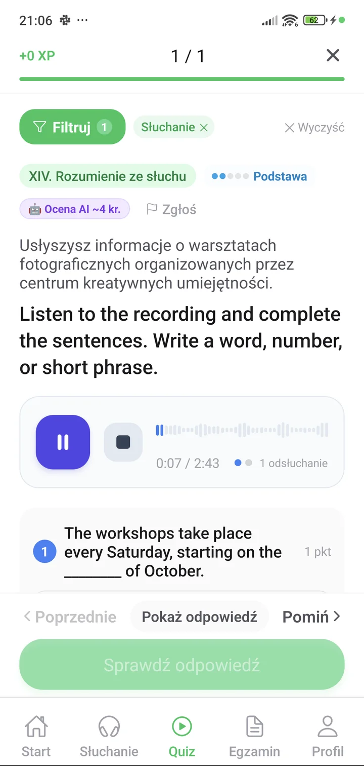 Zadanie ze słuchu z angielskiego w aplikacji — odtwarzacz i pytania