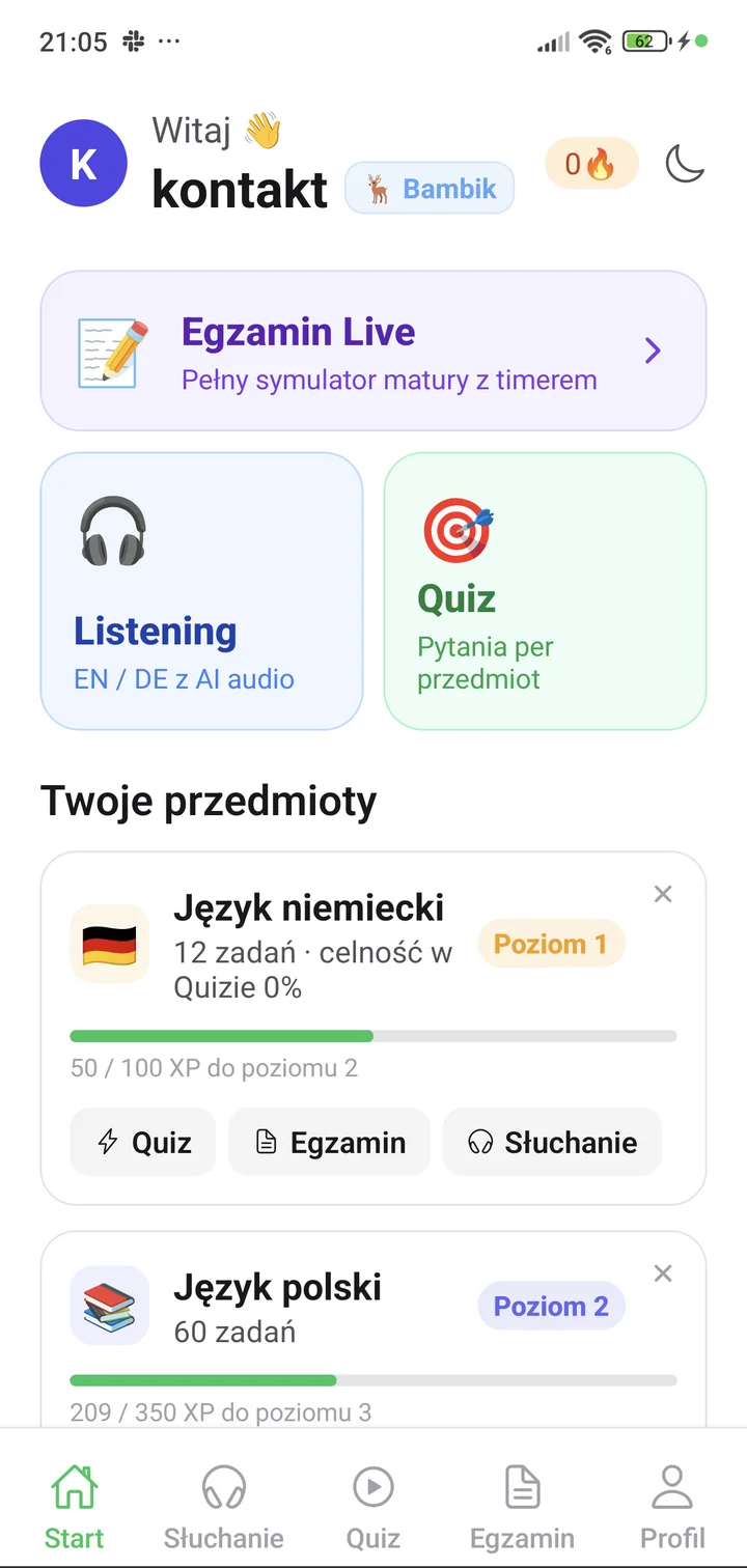 Ekran startowy aplikacji Matury Online na telefonie