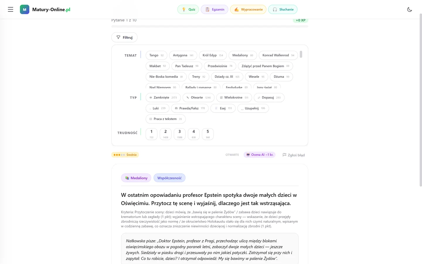 Panel „Filtruj” w quizie Matury Online: temat, typ zadania i trudność 1–5 z liczbą pytań przy każdej opcji