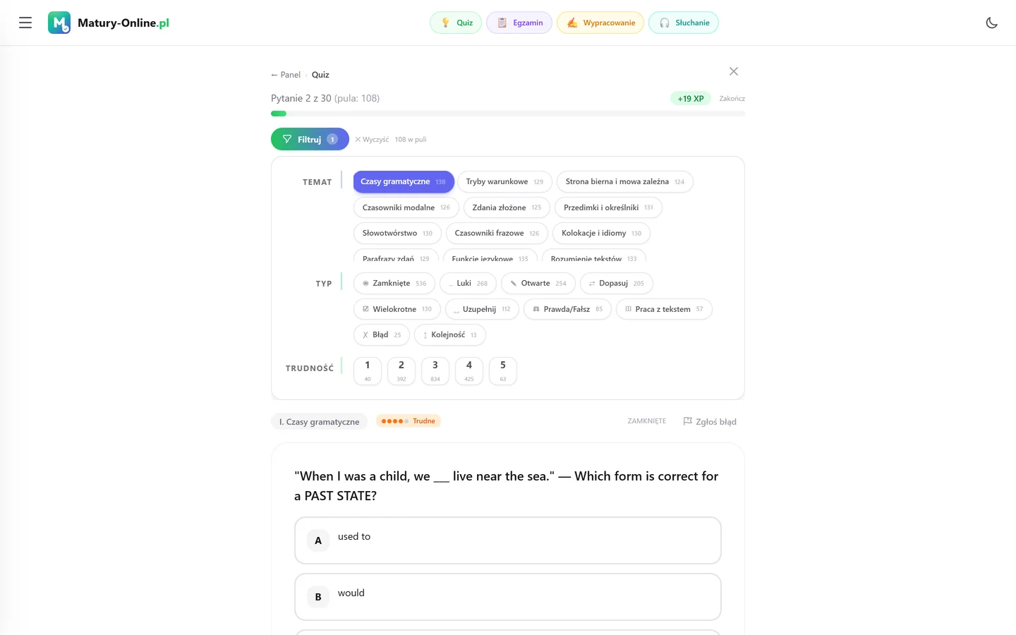 Quiz w Matury Online: panel „Filtruj” z zaznaczonym tematem „Czasy gramatyczne”, pod spodem pytanie z tego tematu