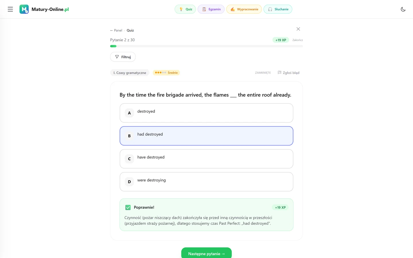 Quiz w Matury Online: pytanie z tematu „Czasy gramatyczne”