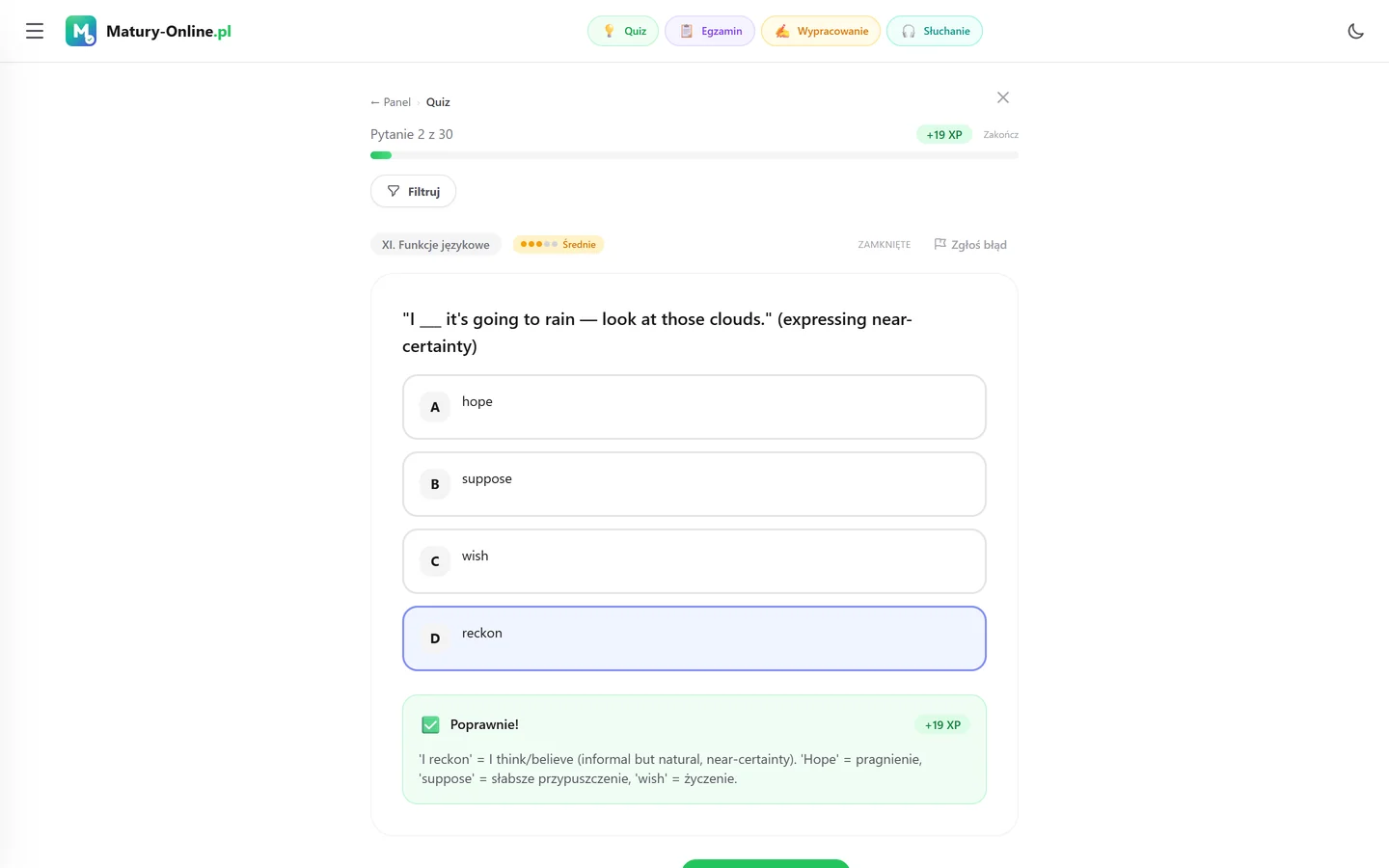 Quiz w Matury Online: pytanie z tematu „Funkcje językowe”