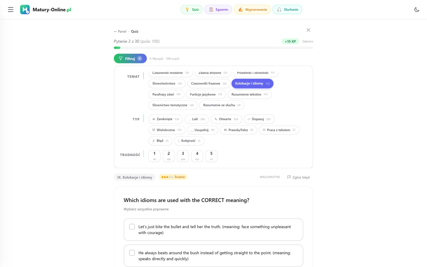 Quiz w Matury Online: panel „Filtruj” z zaznaczonym tematem „Kolokacje i idiomy”, pod spodem pytanie z tego tematu