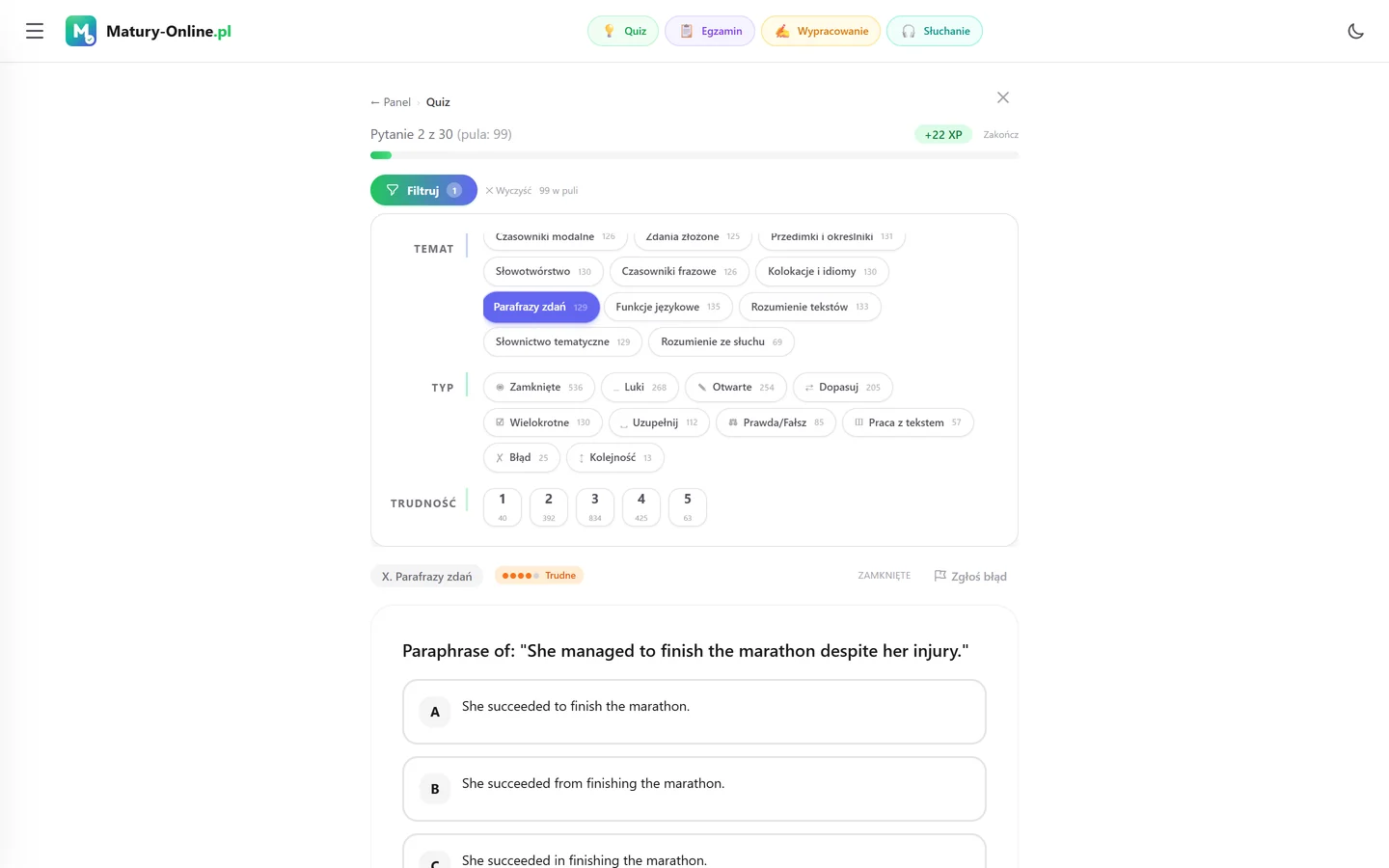 Quiz w Matury Online: panel „Filtruj” z zaznaczonym tematem „Parafrazy zdań”, pod spodem pytanie z tego tematu
