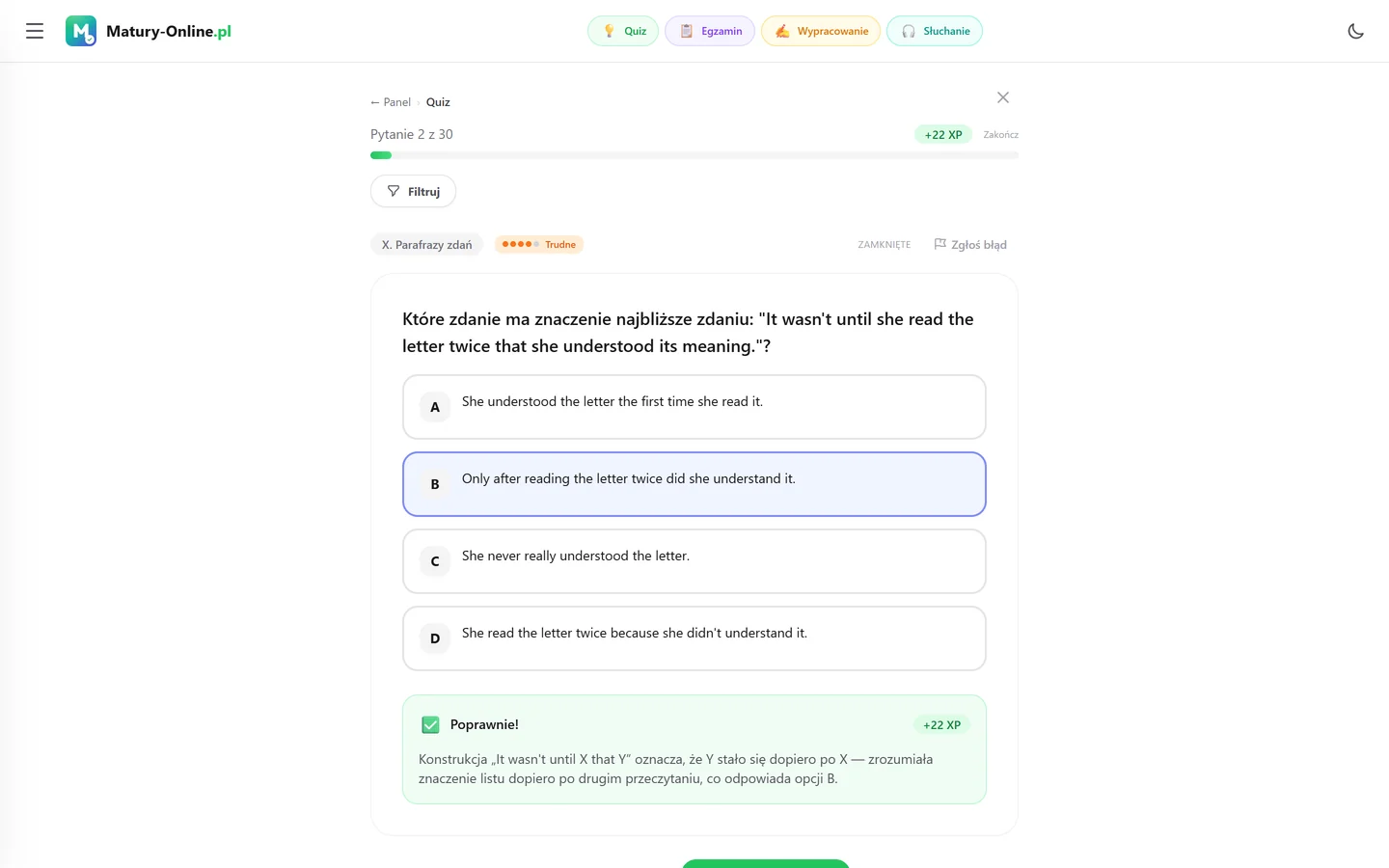 Quiz w Matury Online: pytanie z tematu „Parafrazy zdań”
