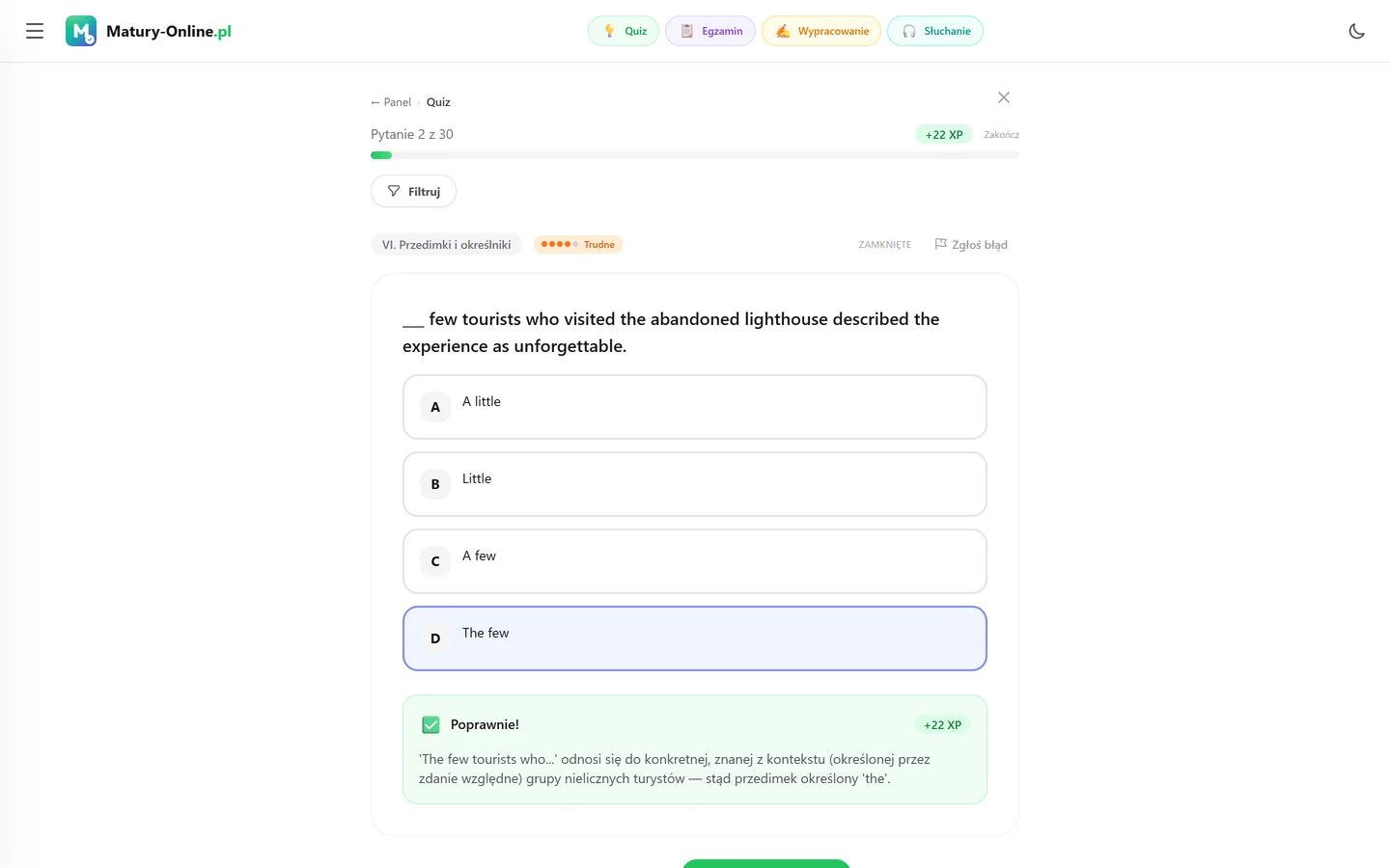 Quiz w Matury Online: pytanie z tematu „Przedimki i określniki”