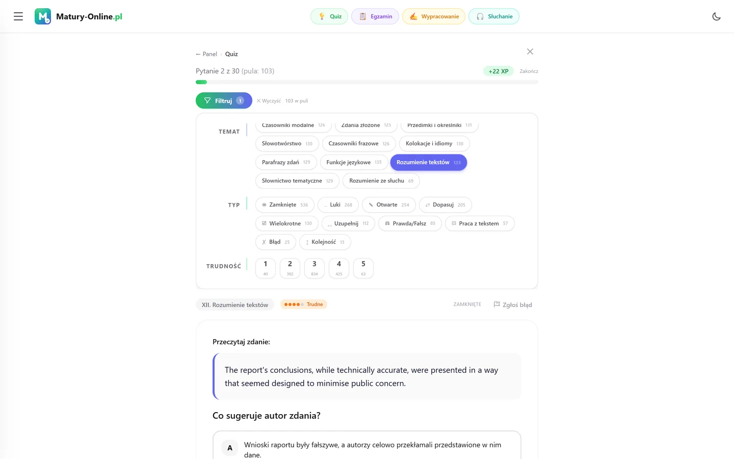 Quiz w Matury Online: panel „Filtruj” z zaznaczonym tematem „Rozumienie tekstów”, pod spodem pytanie z tego tematu