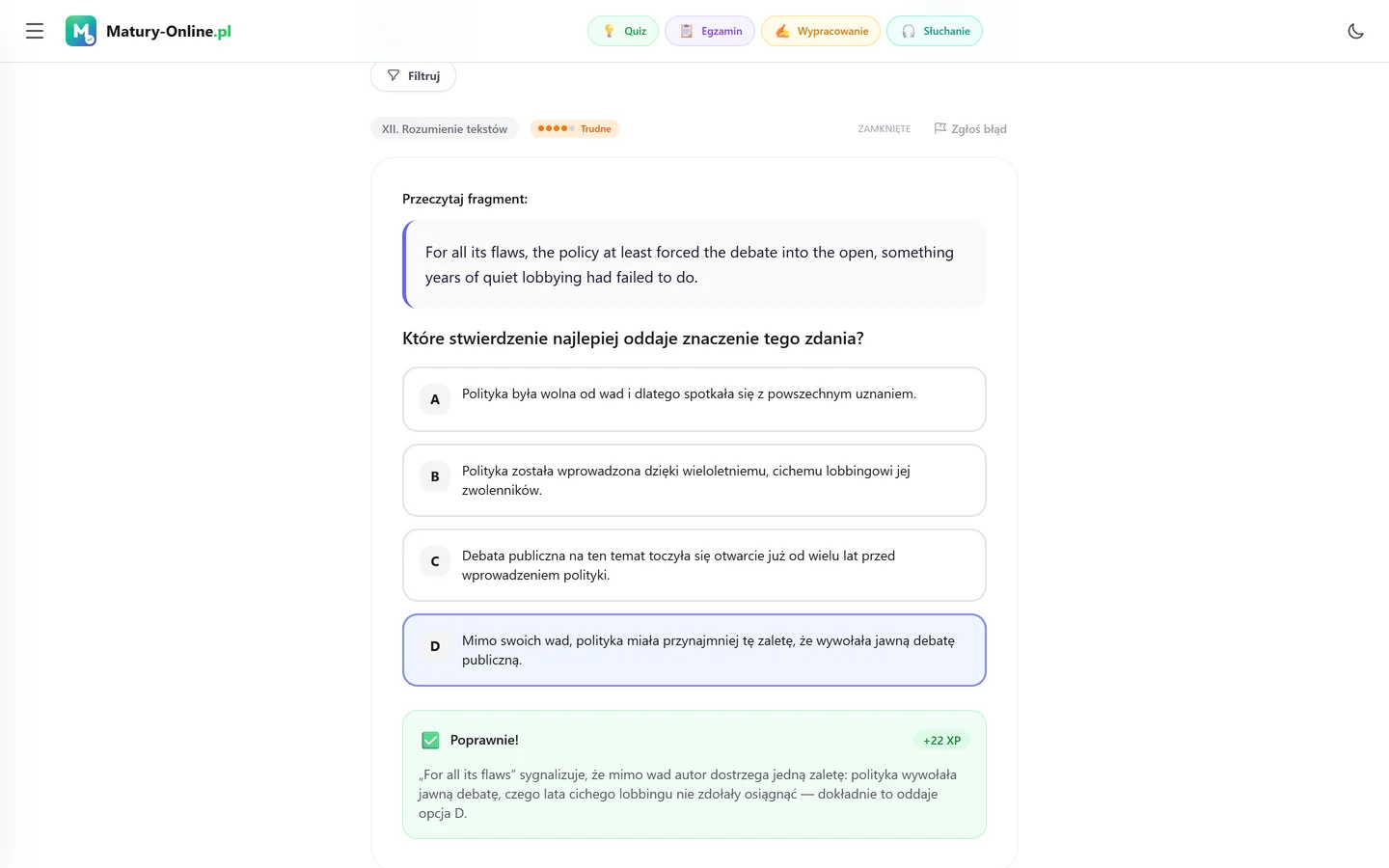 Quiz w Matury Online: pytanie z tematu „Rozumienie tekstów”
