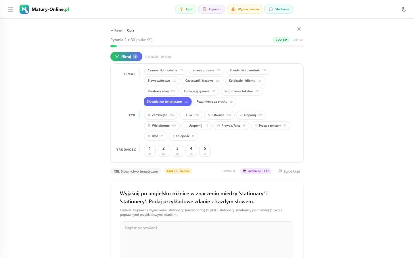 Quiz w Matury Online: panel „Filtruj” z zaznaczonym tematem „Słownictwo tematyczne”, pod spodem pytanie z tego tematu