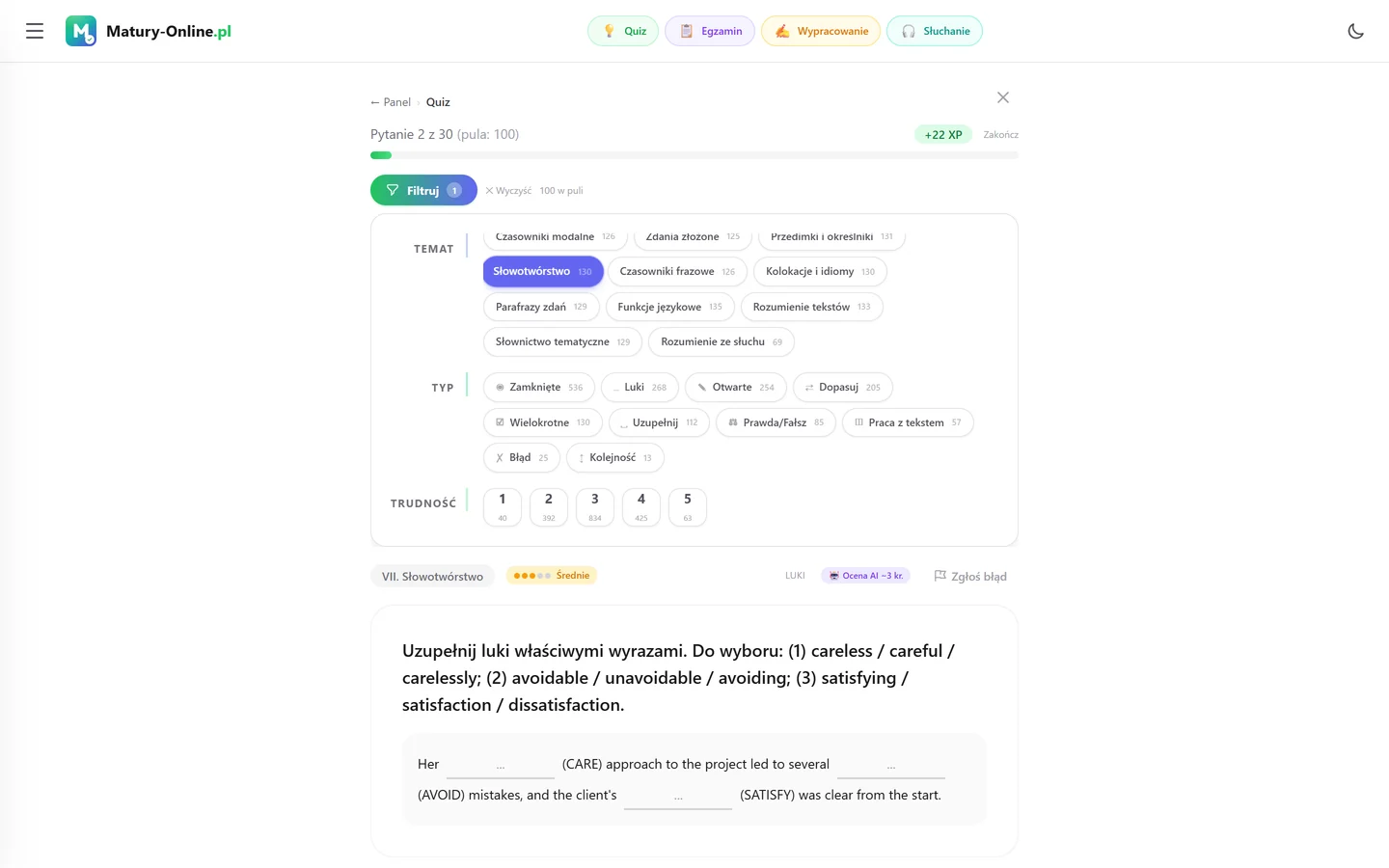 Quiz w Matury Online: panel „Filtruj” z zaznaczonym tematem „Słowotwórstwo”, pod spodem pytanie z tego tematu