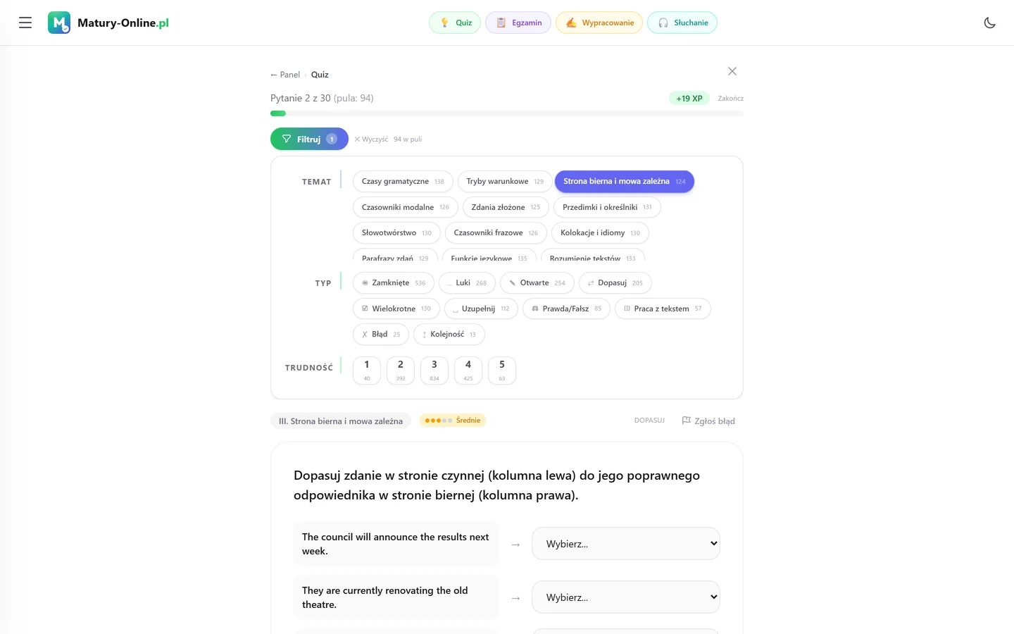 Quiz w Matury Online: panel „Filtruj” z zaznaczonym tematem „Strona bierna i mowa zależna”, pod spodem pytanie z tego tematu
