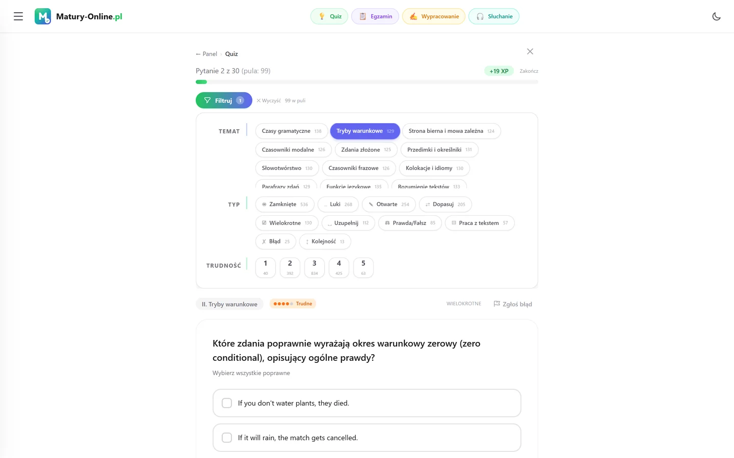 Quiz w Matury Online: panel „Filtruj” z zaznaczonym tematem „Tryby warunkowe”, pod spodem pytanie z tego tematu