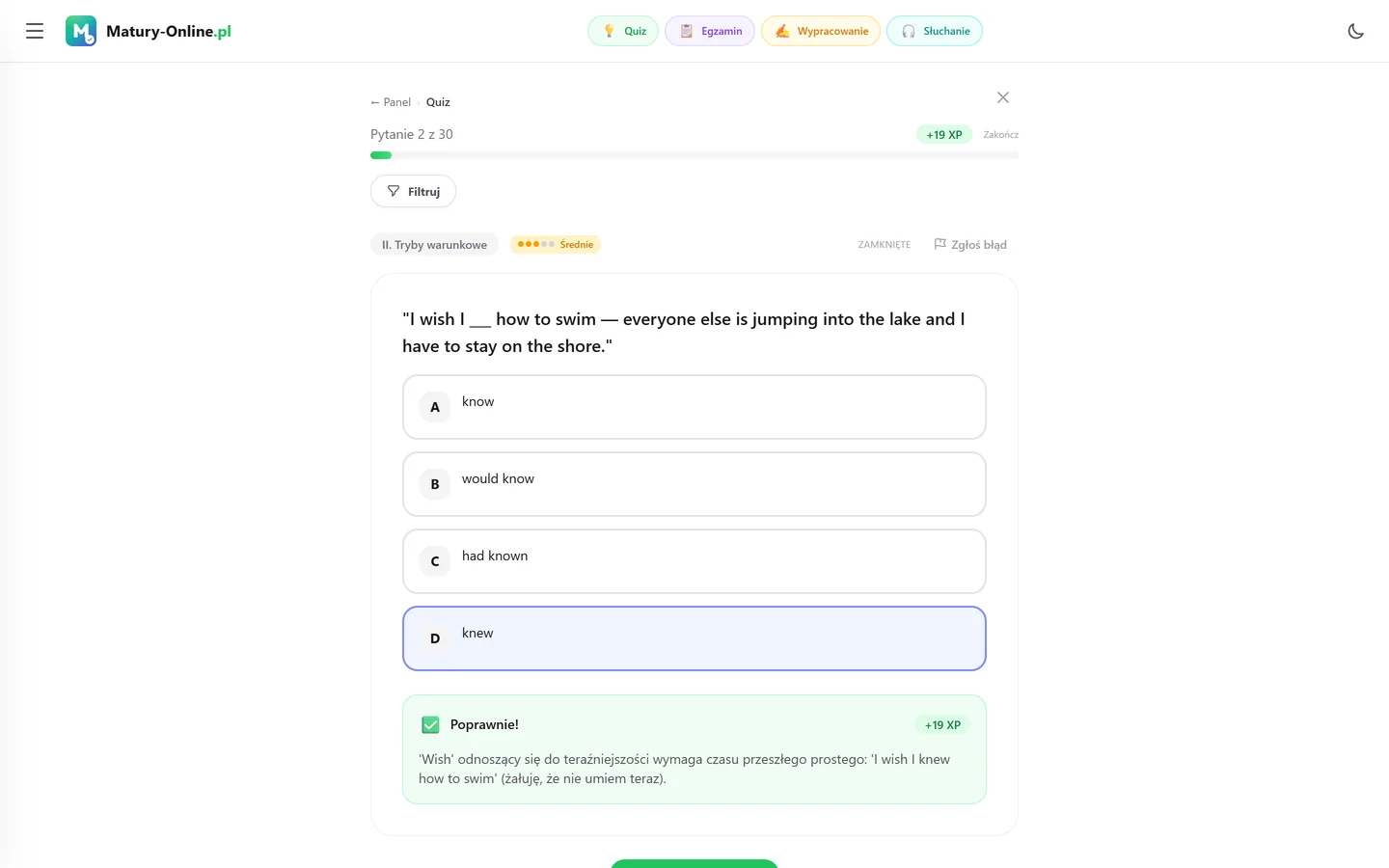 Quiz w Matury Online: pytanie z tematu „Tryby warunkowe”