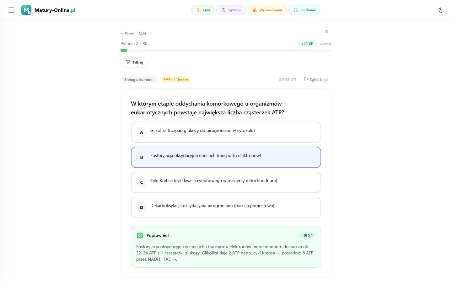 Quiz w Matury Online: pytanie z tematu „Biologia komórki”