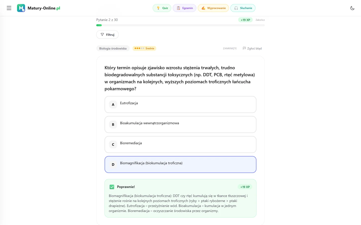 Quiz w Matury Online: pytanie z tematu „Biologia środowiska”