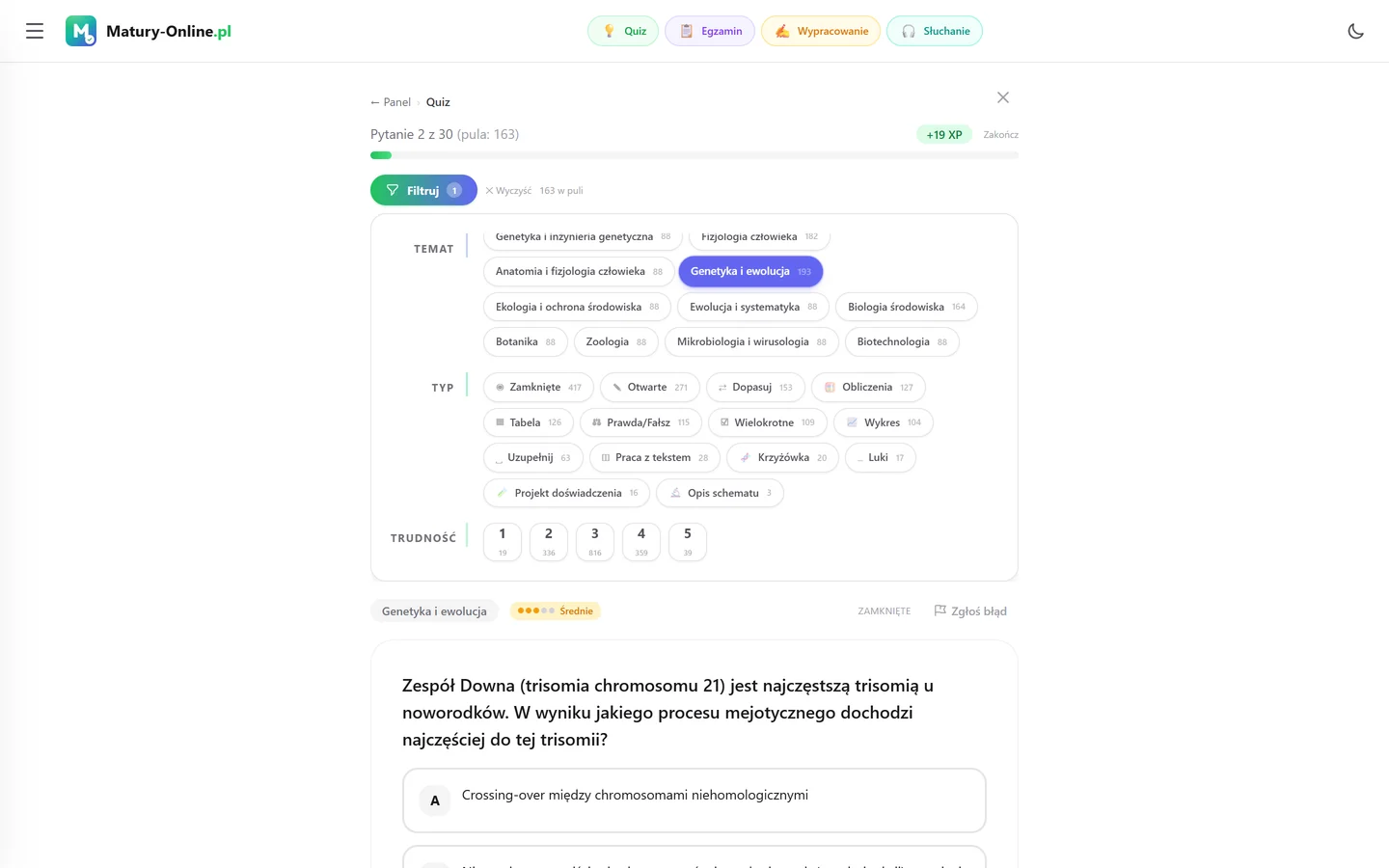 Quiz w Matury Online: panel „Filtruj” z zaznaczonym tematem „Genetyka i ewolucja”, pod spodem pytanie z tego tematu
