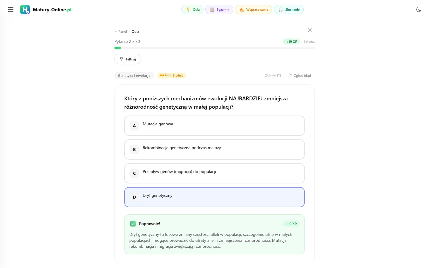 Quiz w Matury Online: pytanie z tematu „Genetyka i ewolucja”