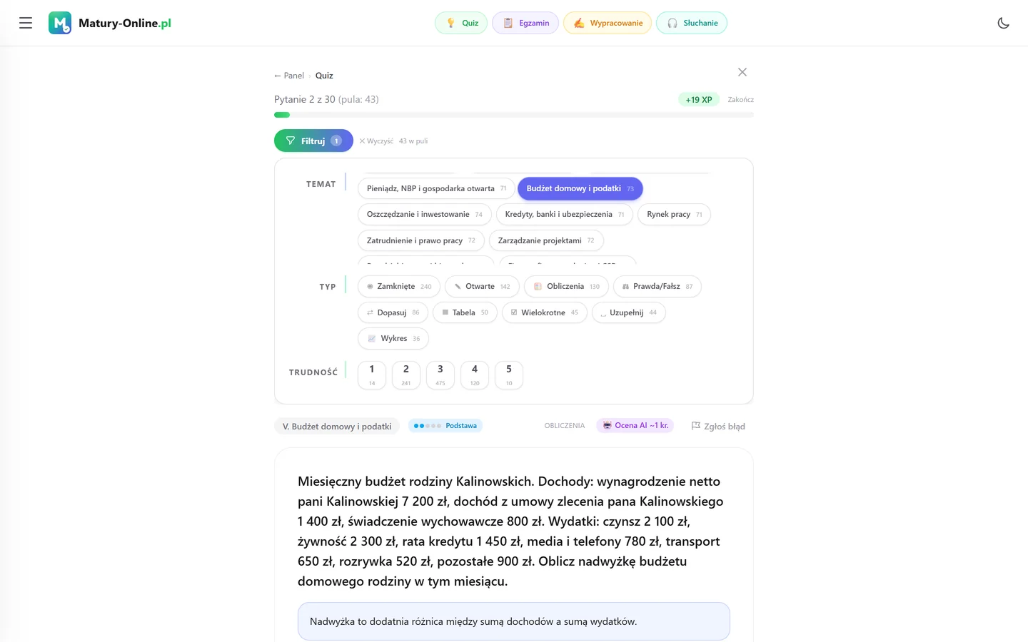 Quiz w Matury Online: panel „Filtruj” z zaznaczonym tematem „Budżet domowy i podatki”, pod spodem pytanie z tego tematu