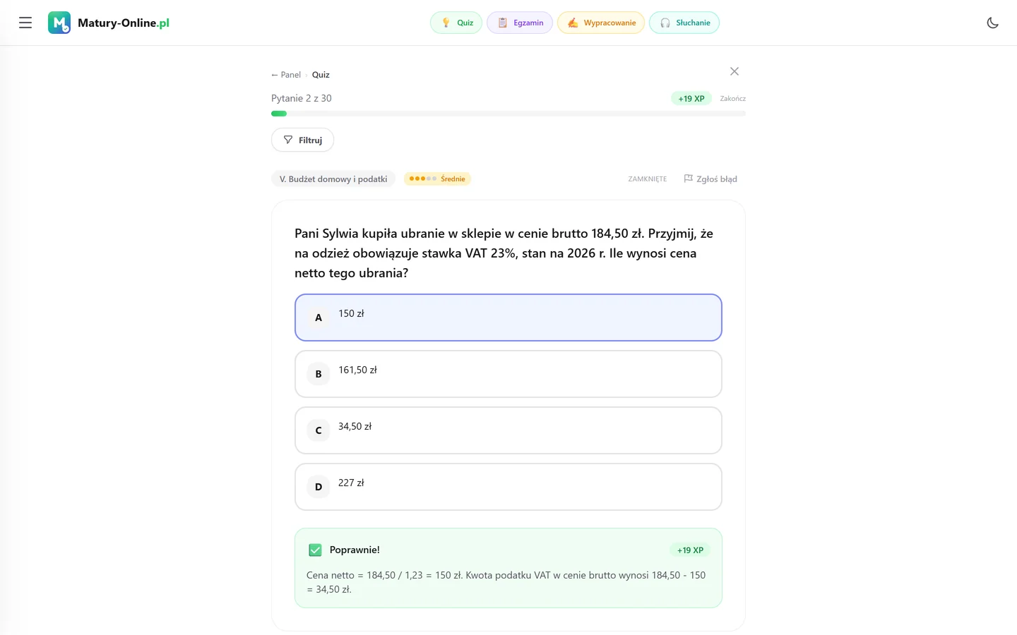 Quiz w Matury Online: pytanie z tematu „Budżet domowy i podatki”