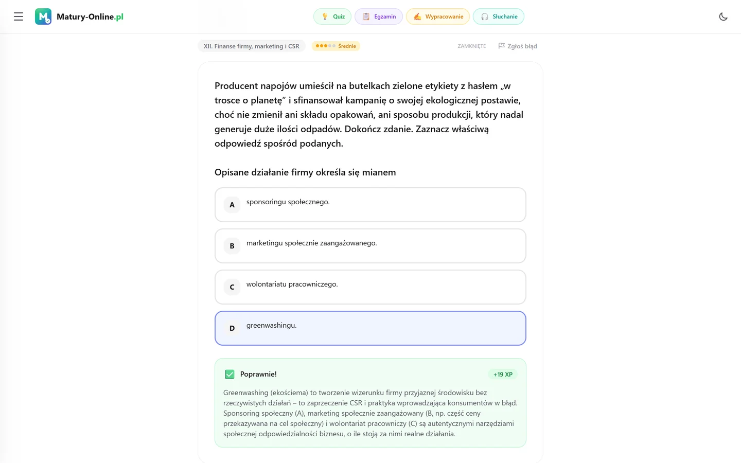 Pełny sprawdzian z finansów firmy, marketingu i CSR w Matury Online: pytanie z tematu „Finanse firmy, marketing i CSR” po sprawdzeniu odpowiedzi, z wynikiem i wyjaśnieniem