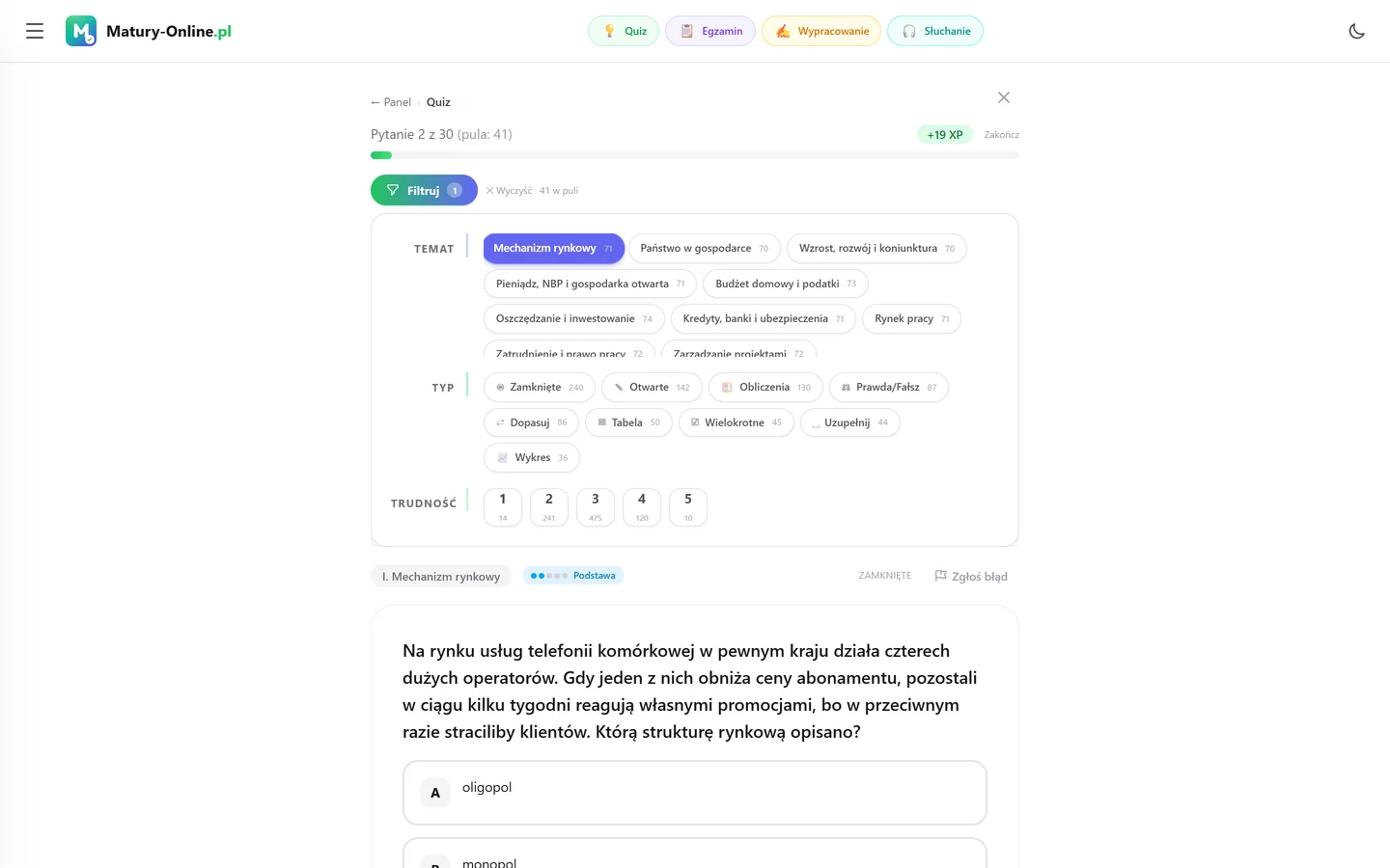 Quiz w Matury Online: panel „Filtruj” z zaznaczonym tematem „Mechanizm rynkowy”, pod spodem pytanie z tego tematu