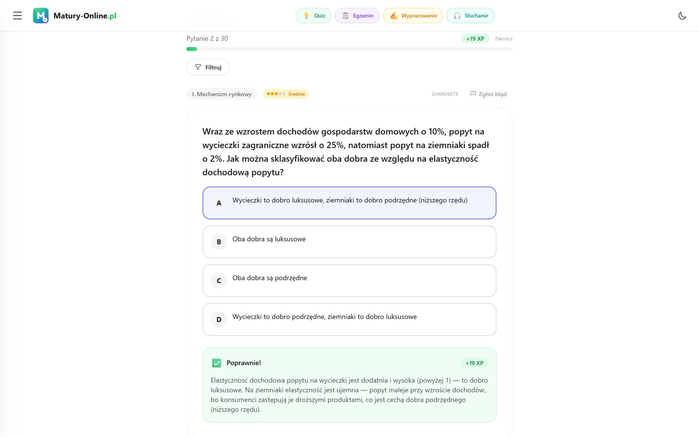 Quiz w Matury Online: pytanie z tematu „Mechanizm rynkowy”