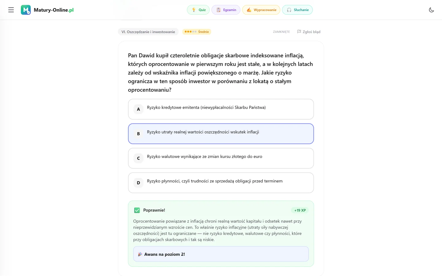Quiz w Matury Online: pytanie z tematu „Oszczędzanie i inwestowanie”