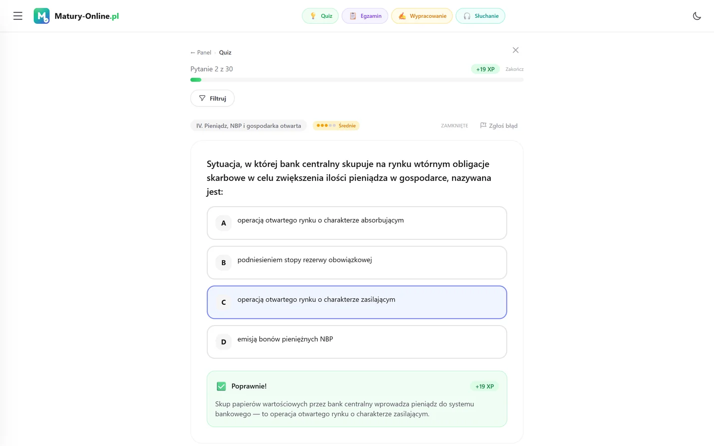 Quiz w Matury Online: pytanie z tematu „Pieniądz, NBP i gospodarka otwarta”