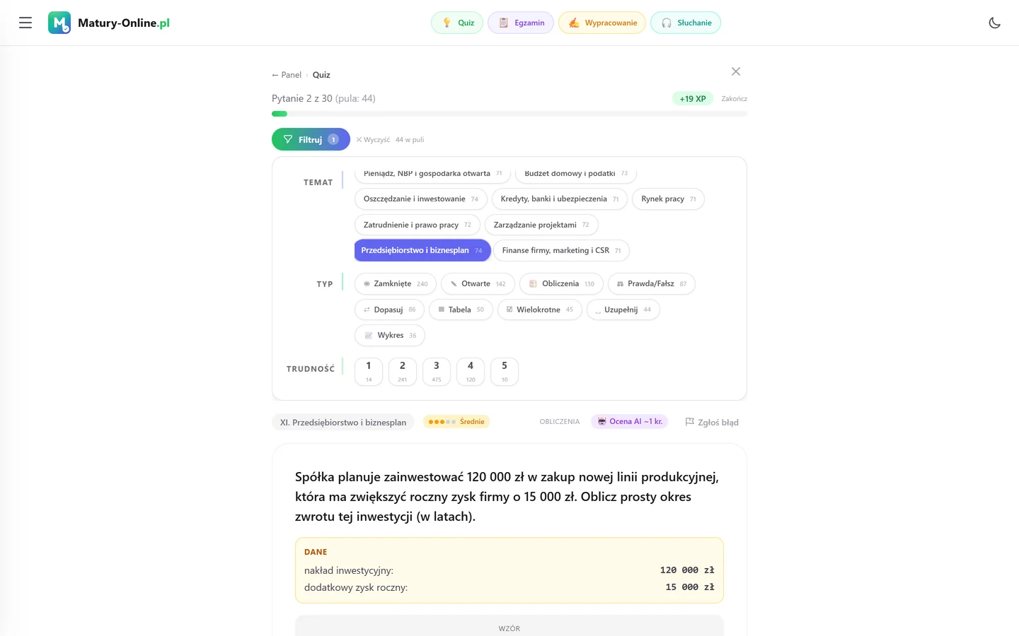 Quiz w Matury Online: panel „Filtruj” z zaznaczonym tematem „Przedsiębiorstwo i biznesplan”, pod spodem pytanie z tego tematu