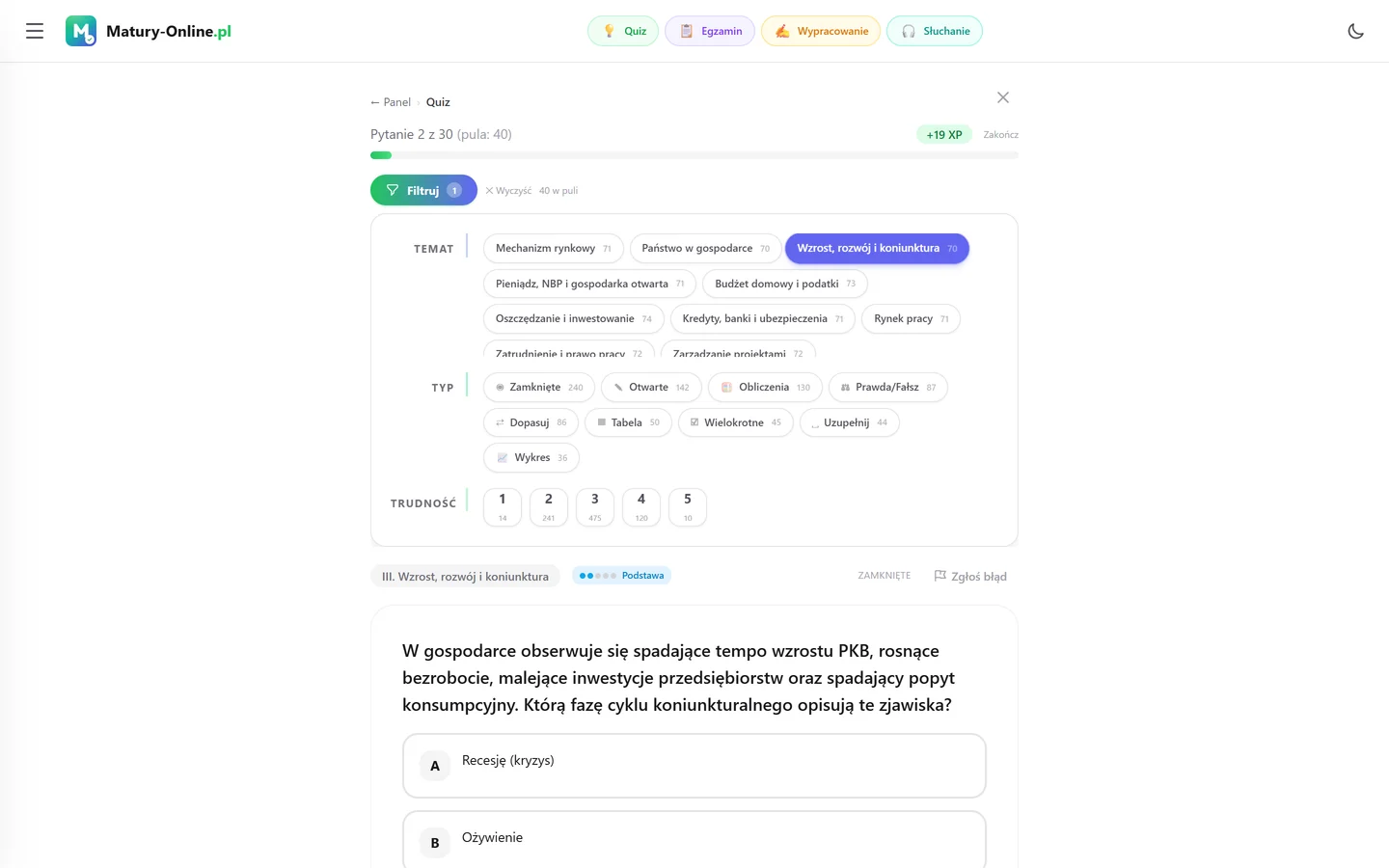 Quiz w Matury Online: panel „Filtruj” z zaznaczonym tematem „Wzrost, rozwój i koniunktura”, pod spodem pytanie z tego tematu
