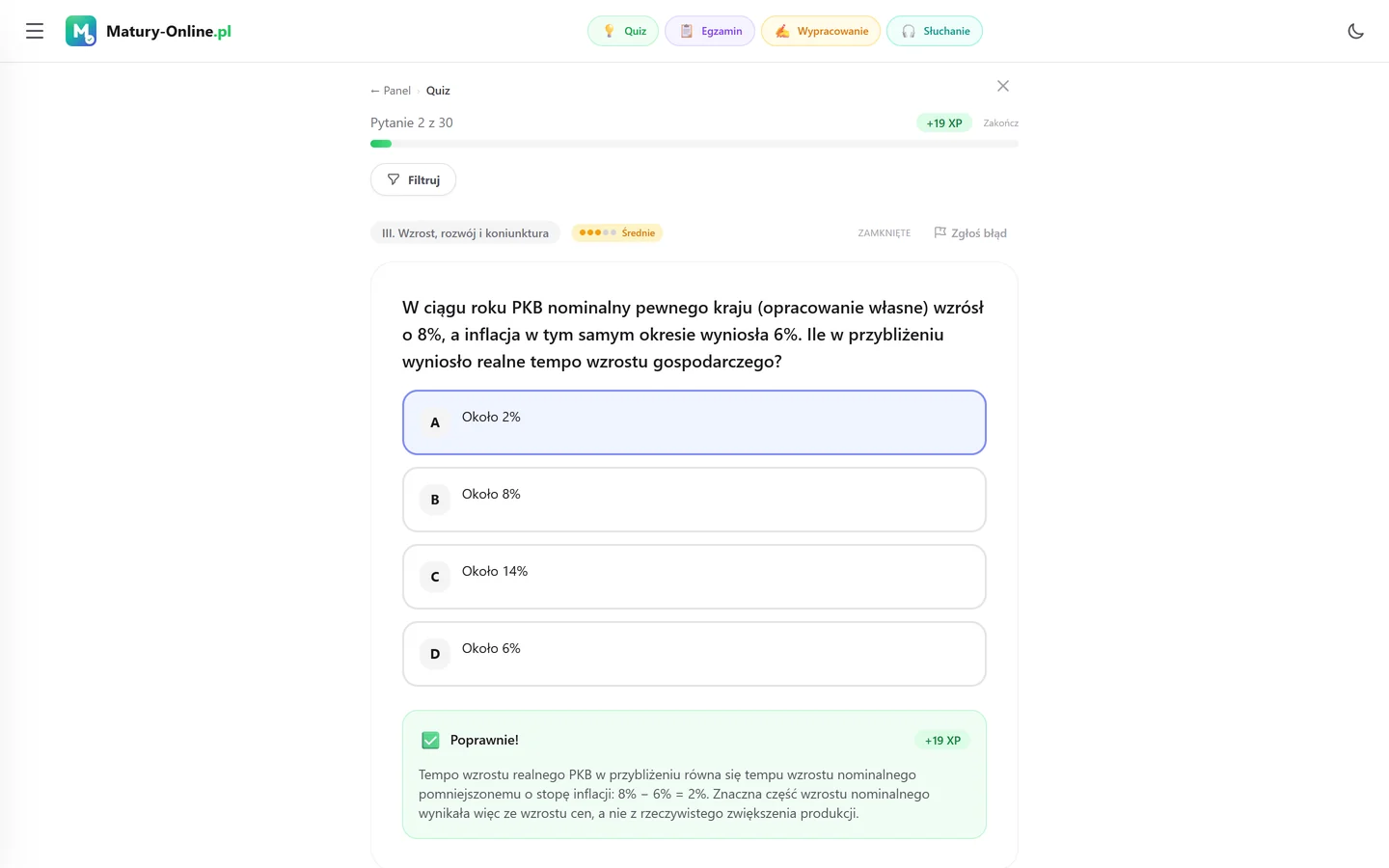 Quiz w Matury Online: pytanie z tematu „Wzrost, rozwój i koniunktura”
