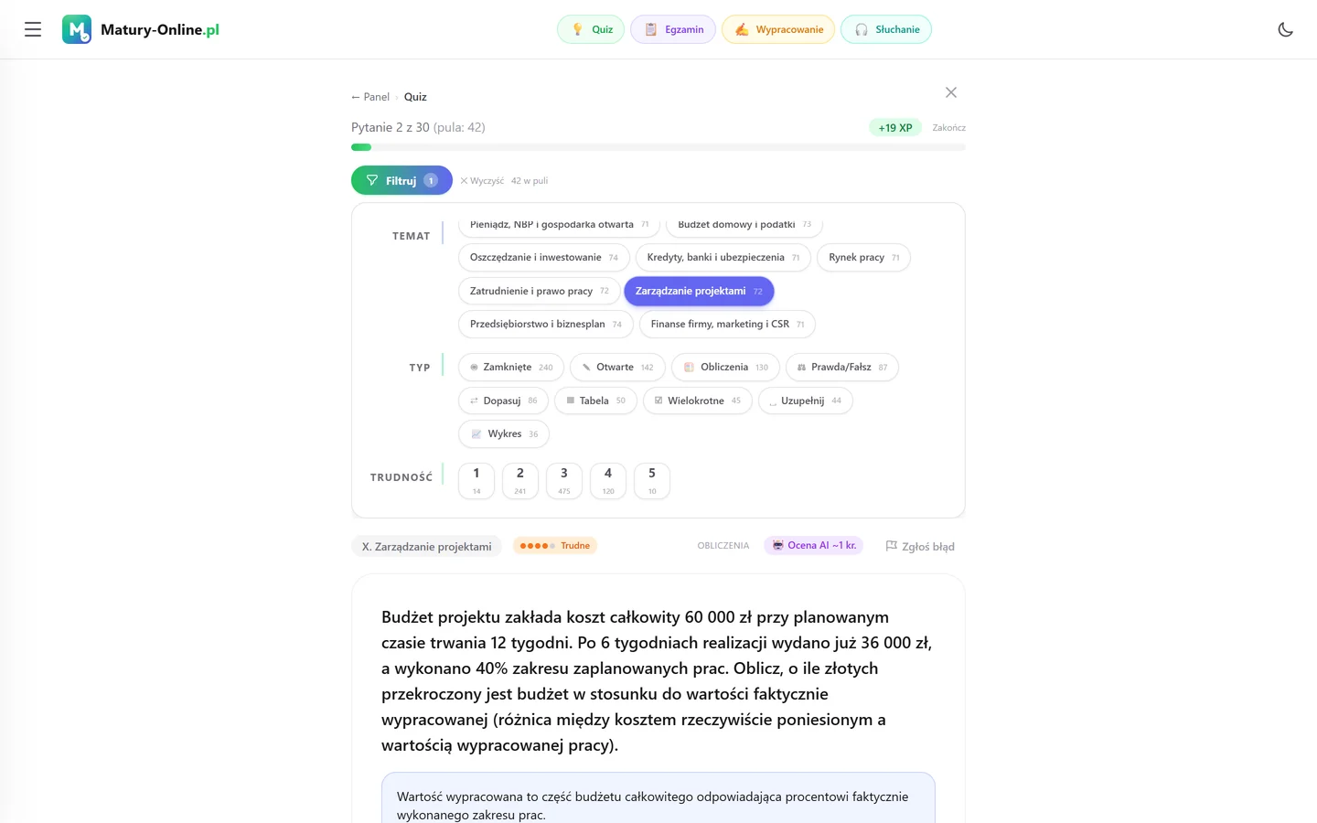 Quiz w Matury Online: panel „Filtruj” z zaznaczonym tematem „Zarządzanie projektami”, pod spodem pytanie z tego tematu