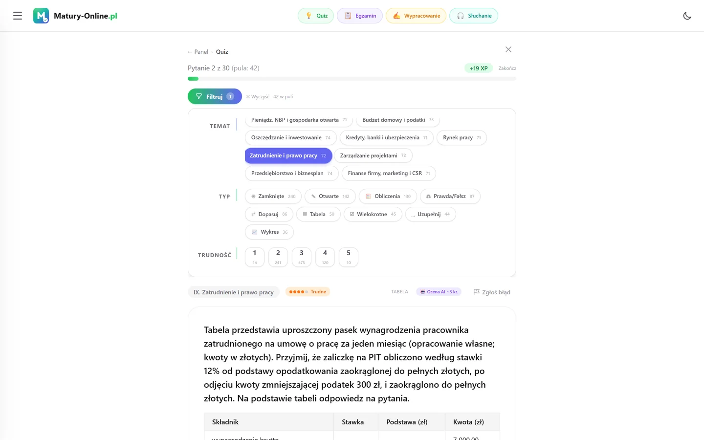 Quiz w Matury Online: panel „Filtruj” z zaznaczonym tematem „Zatrudnienie i prawo pracy”, pod spodem pytanie z tego tematu