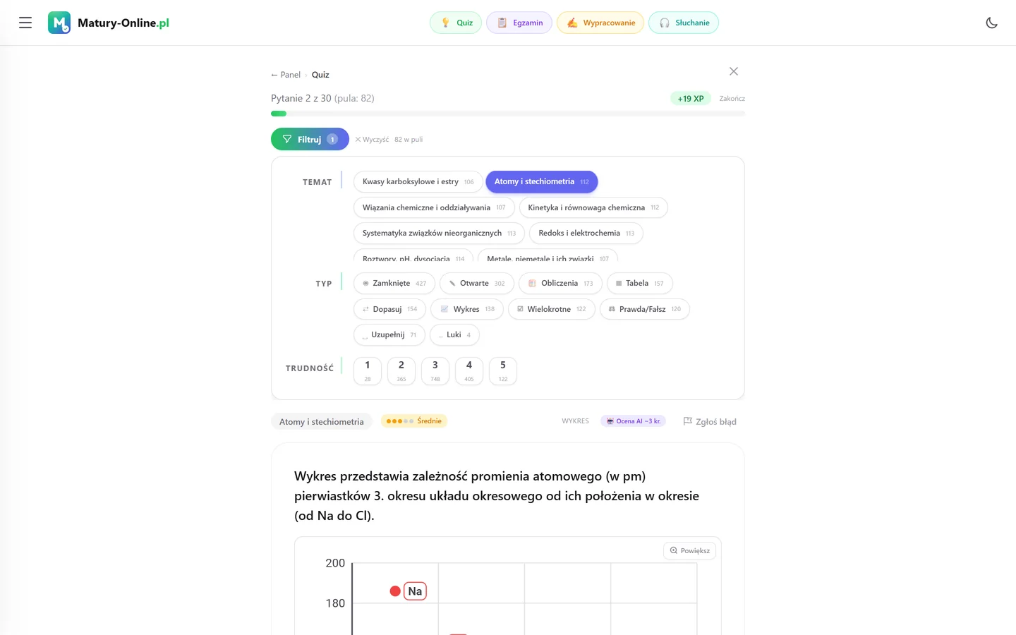 Quiz w Matury Online: panel „Filtruj” z zaznaczonym tematem „Atomy i stechiometria”, pod spodem pytanie z tego tematu